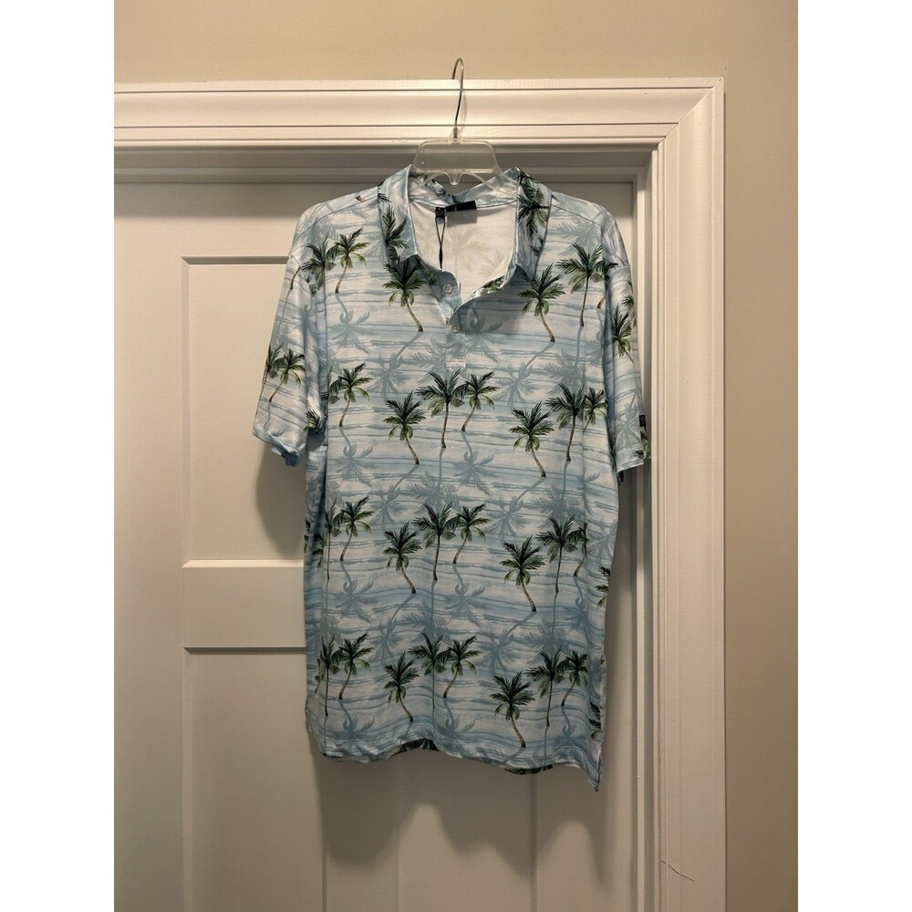 New YATTA Golf Shirt Polo Mens Large Tropical Palm Trees Blue Short Sleeve